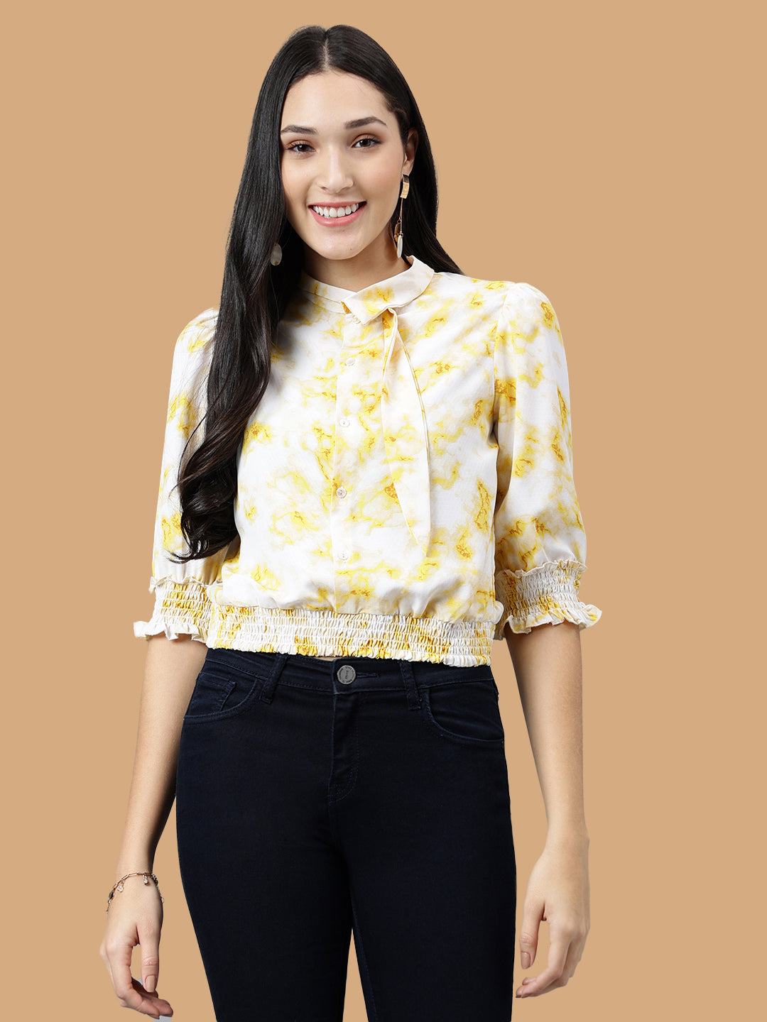 Yellow Solid 3/4 Sleeve Casual Blouse