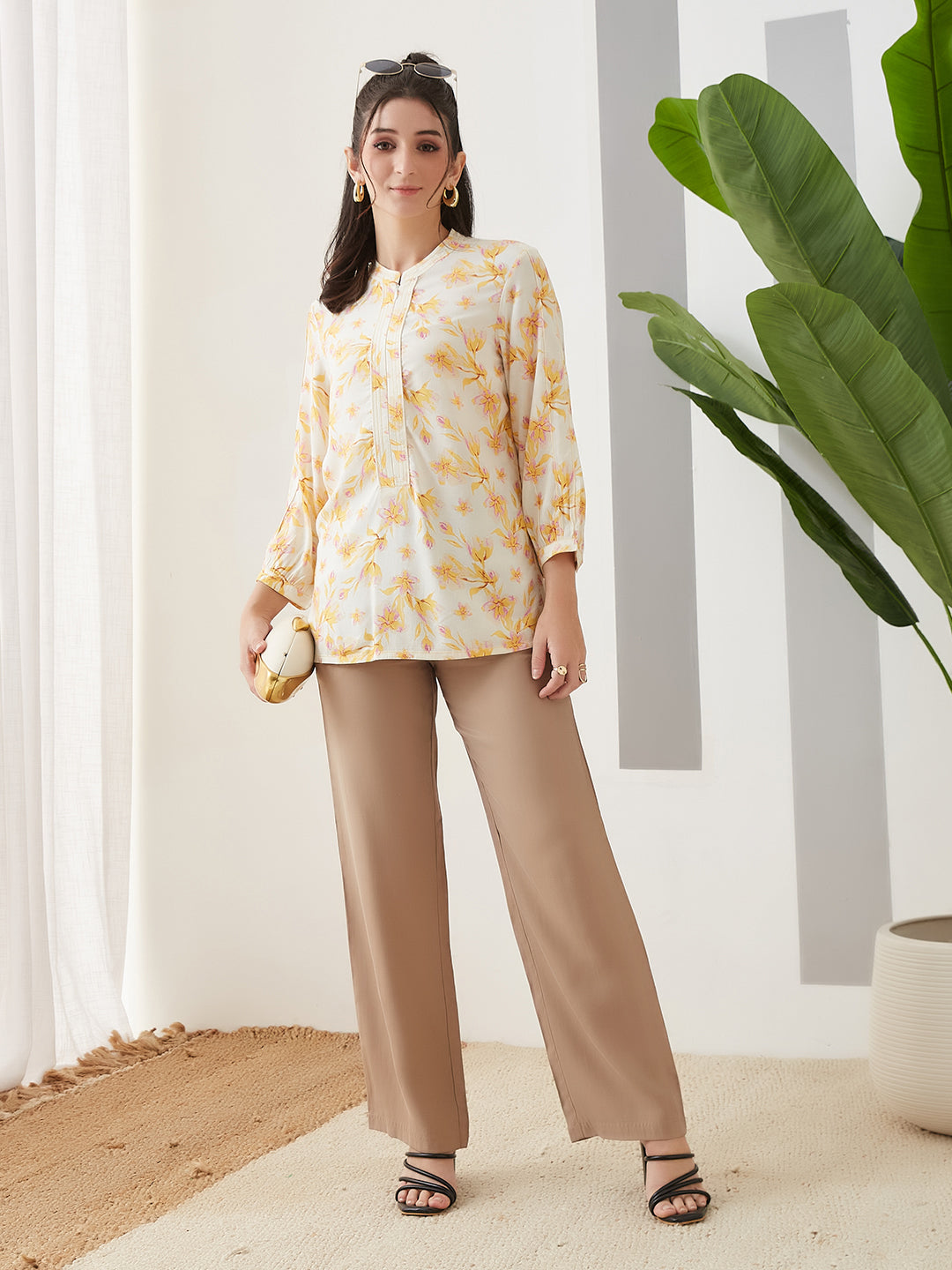 Latin Quarters Women Yellow Printed 3/4th Sleeves Round Neck Casual Tunic