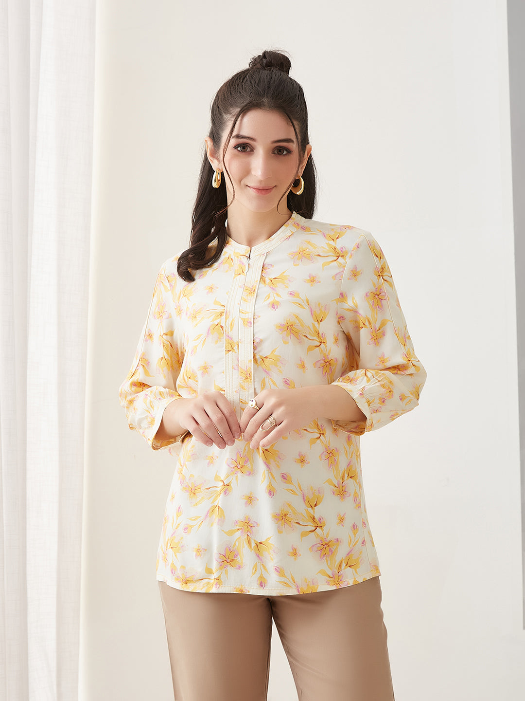 Latin Quarters Women Yellow Printed 3/4th Sleeves Round Neck Casual Tunic