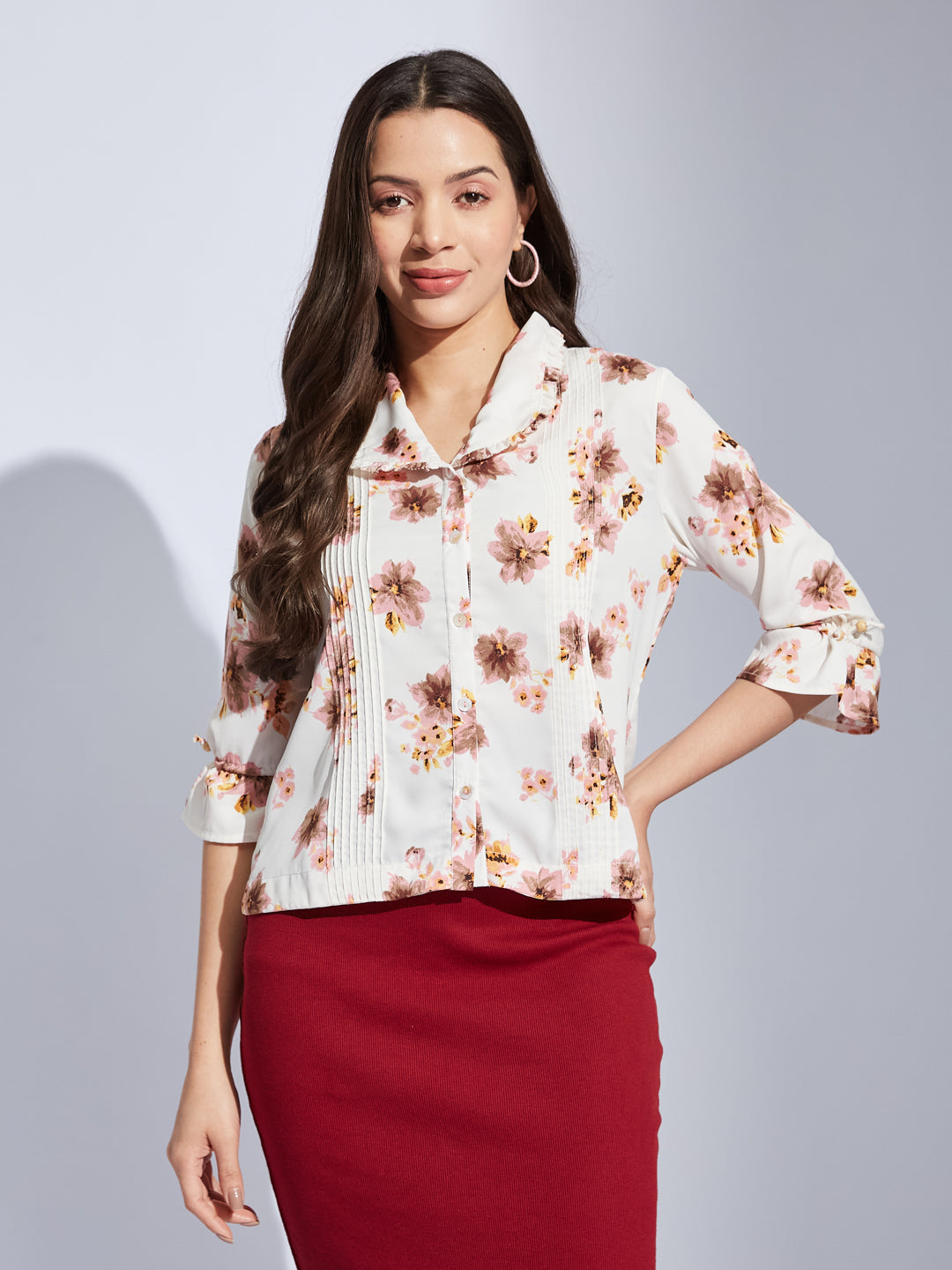 Latin Quarters Women Ivory Collared 3/4Th Sleeves Printed Shirt Blouse For Casual Wear