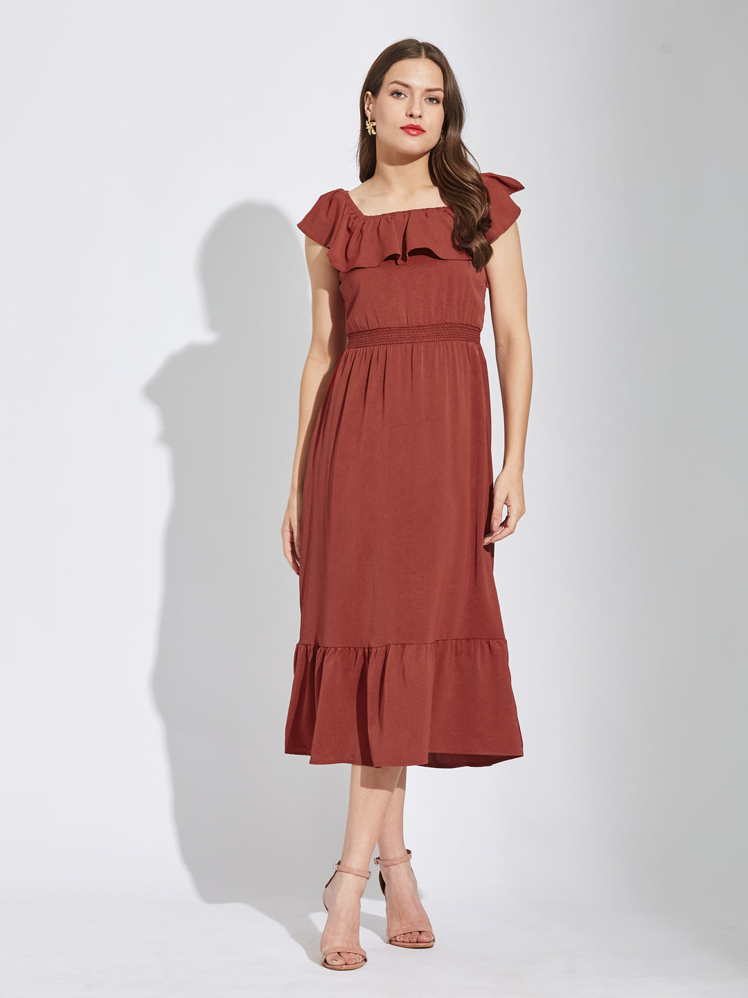 Latin Quarters Women Rust Square Neck Cap Sleeves Solid A-Line Dress For Casual Wear