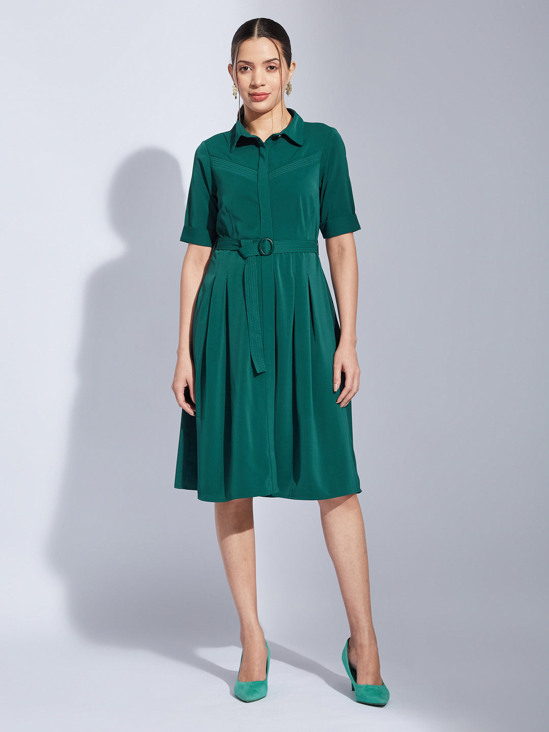 Latin Quarters Women Green Collared Neck Half Sleeves Solid Shirt Dress For Casual