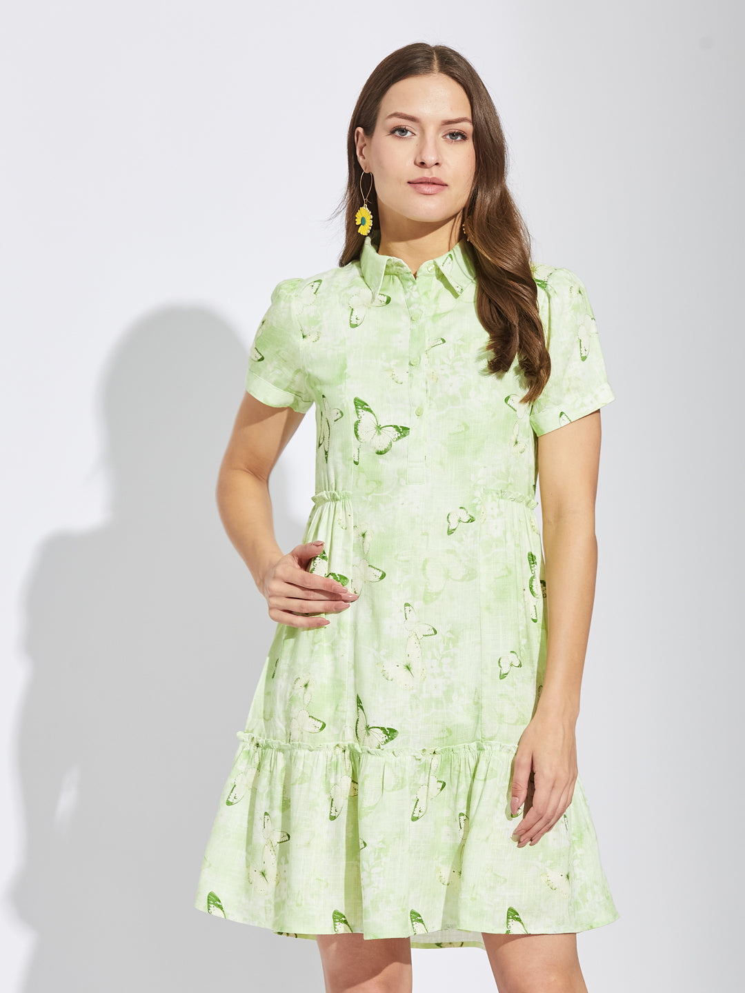 Latin Quarters Women Green Collar Neck Half Sleeves Printed Shirt Dress For Casual Wear
