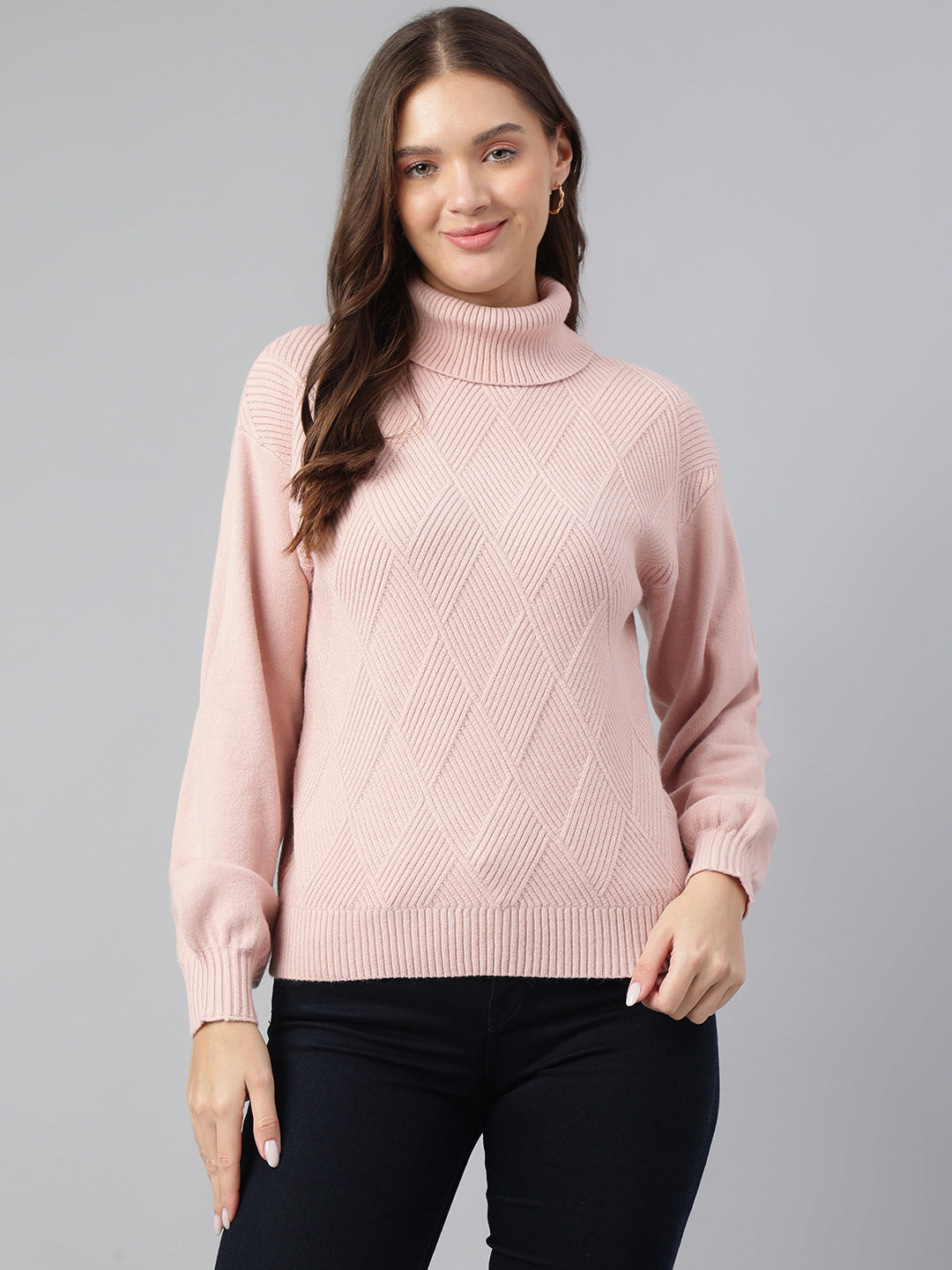 Latin Quarters Women Pink High Neck Full Sleeve Solid Sweater
