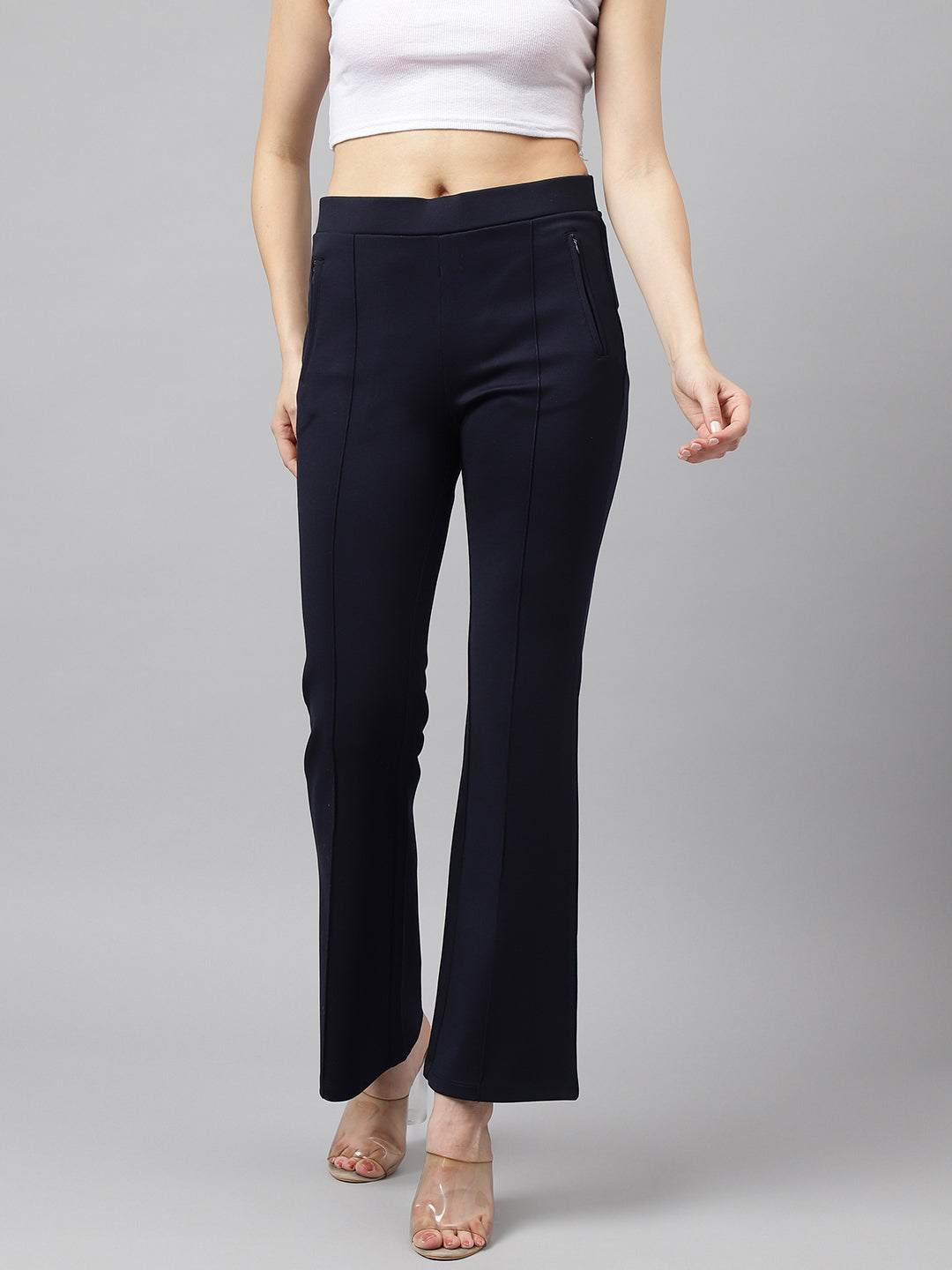Latin Quarters Women Blue Navy High Rise Solid Trouser Pant For Casual Wear
