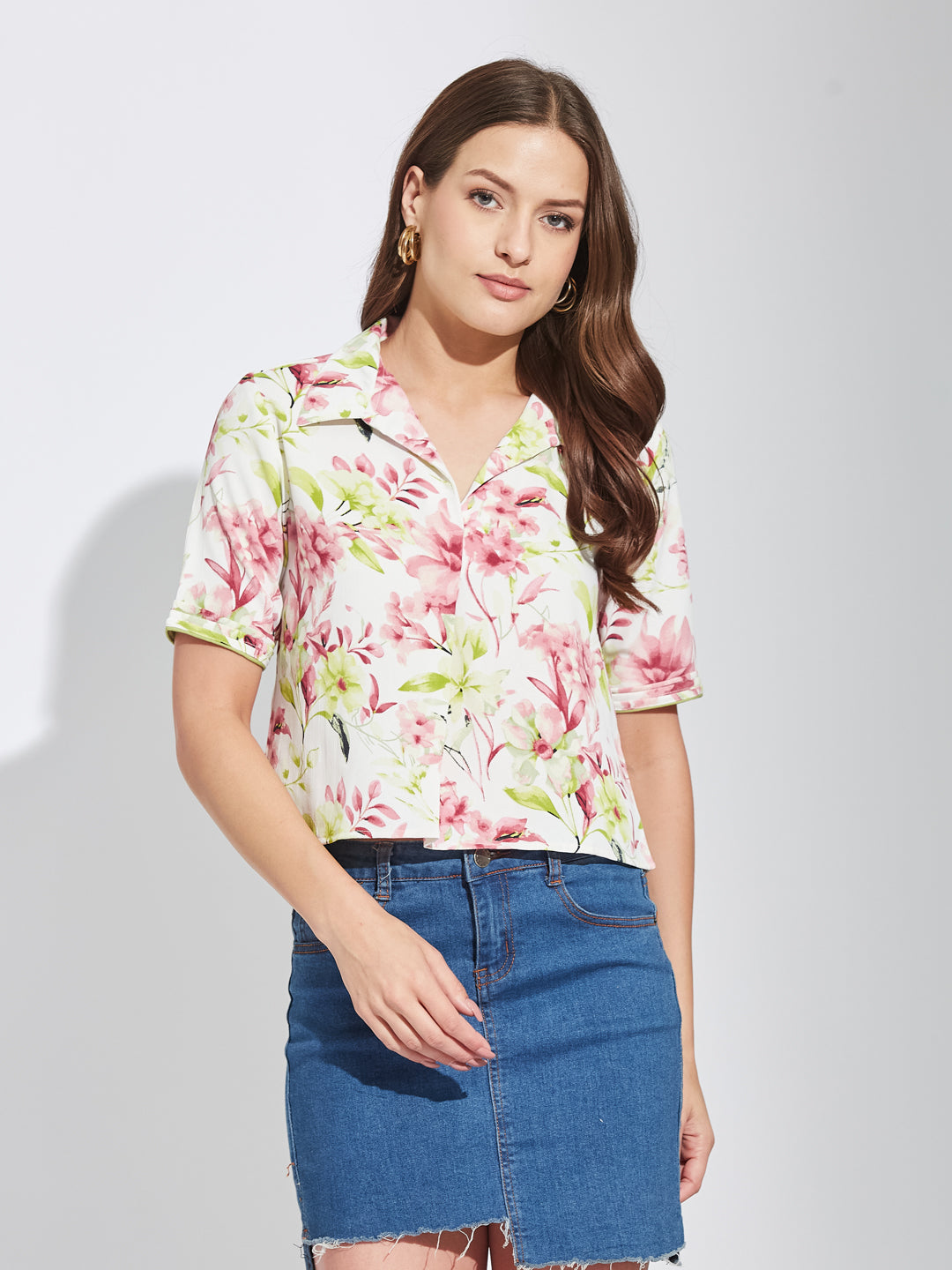 Latin Quarters Women Green Collar Neck Half Sleeves Printed Shirt Blouse For Casual Wear