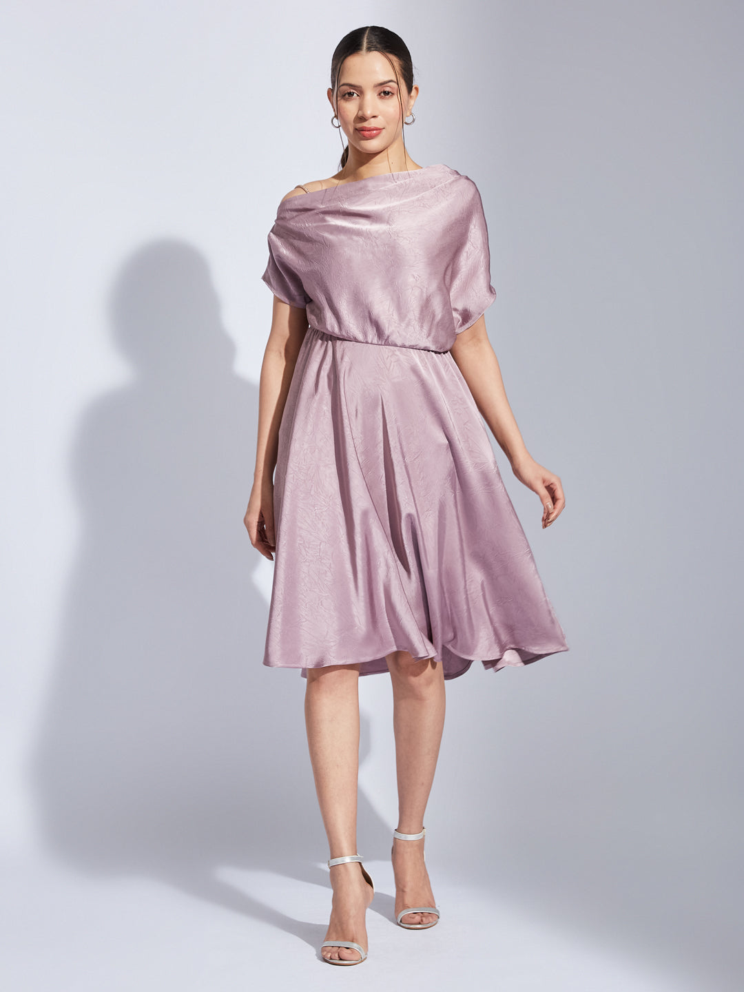 Latin Quarters Women Pink Halter Neck Half Sleeves Solid Fit & Flare Dress For Party Wear