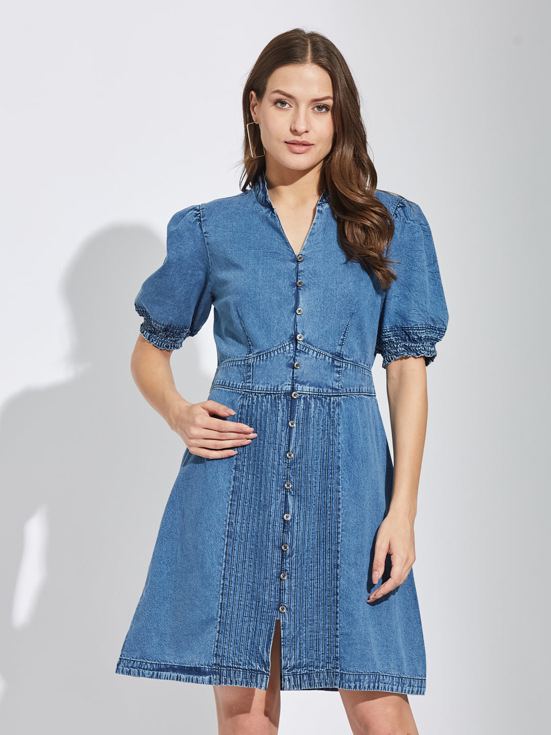 Latin Quarters Women Blue Mandarin Collar Half Sleeves Solid A-Line Dress For Casual Wear