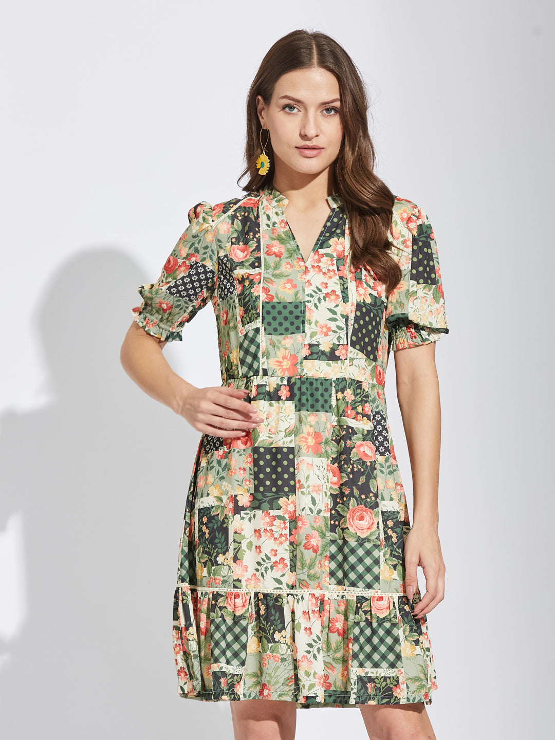 Latin Quarters Women Green Mandarin Collar Half Sleeves Printed A-Line Dress For Casual Wear