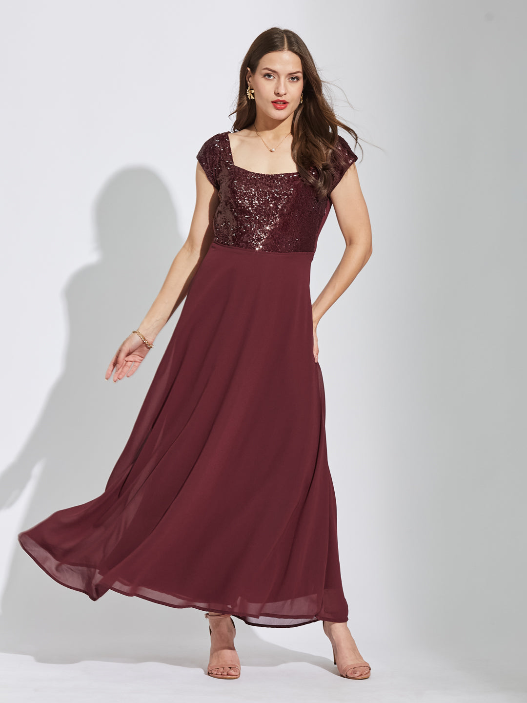 Latin Quarters Women Maroon Square Neck Cap Sleeves Solid Fit & Flare Dress For Party Wear