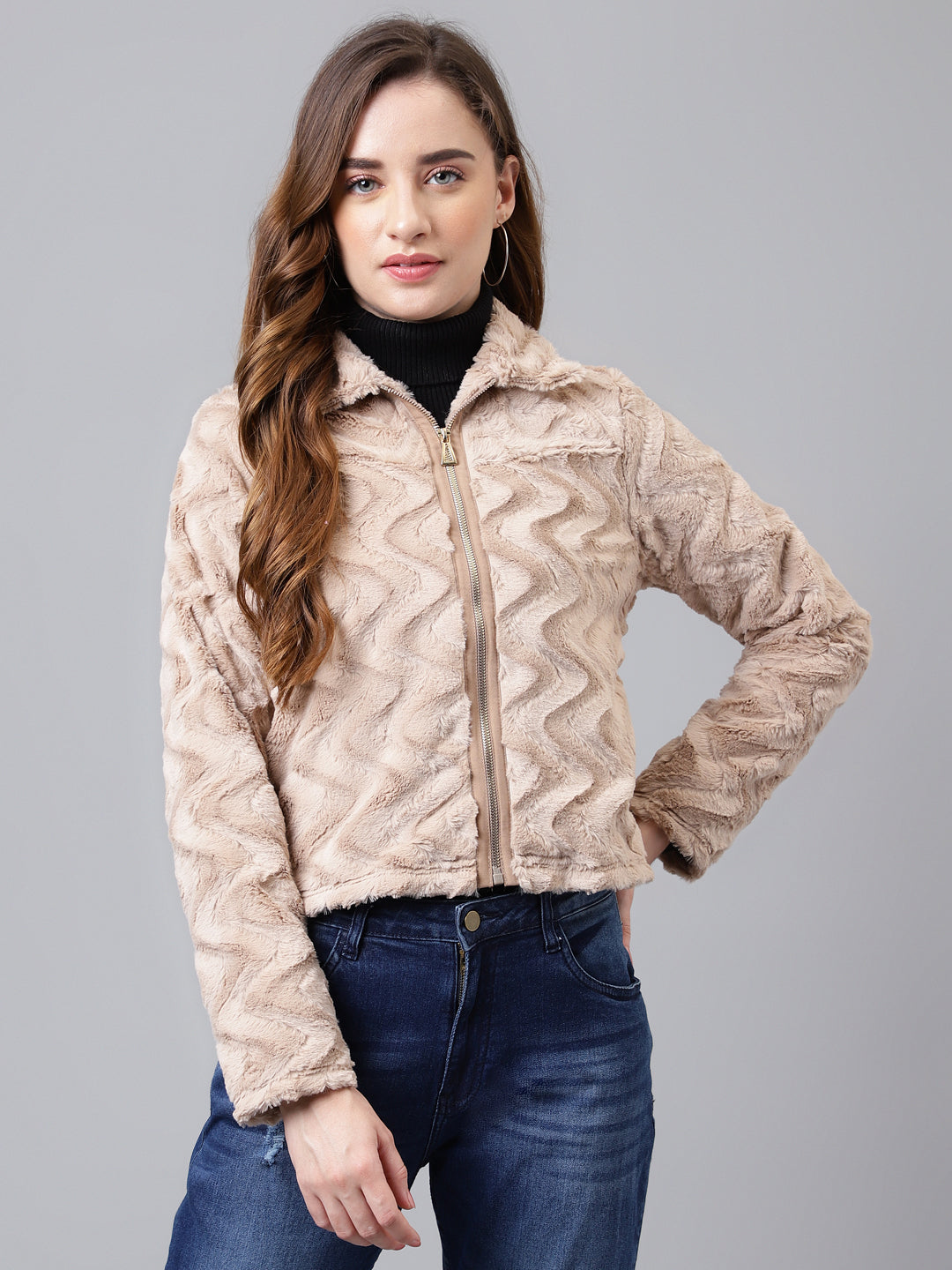 Latin Quarters Women Beige Collar Neck Full Sleeve Solid Jacket