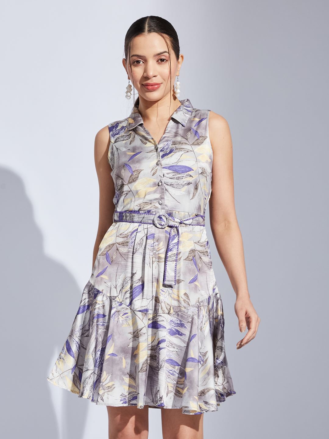 Latin Quarters Women Purple Collared Sleeveless Printed A-Line Dress For Casual Wear
