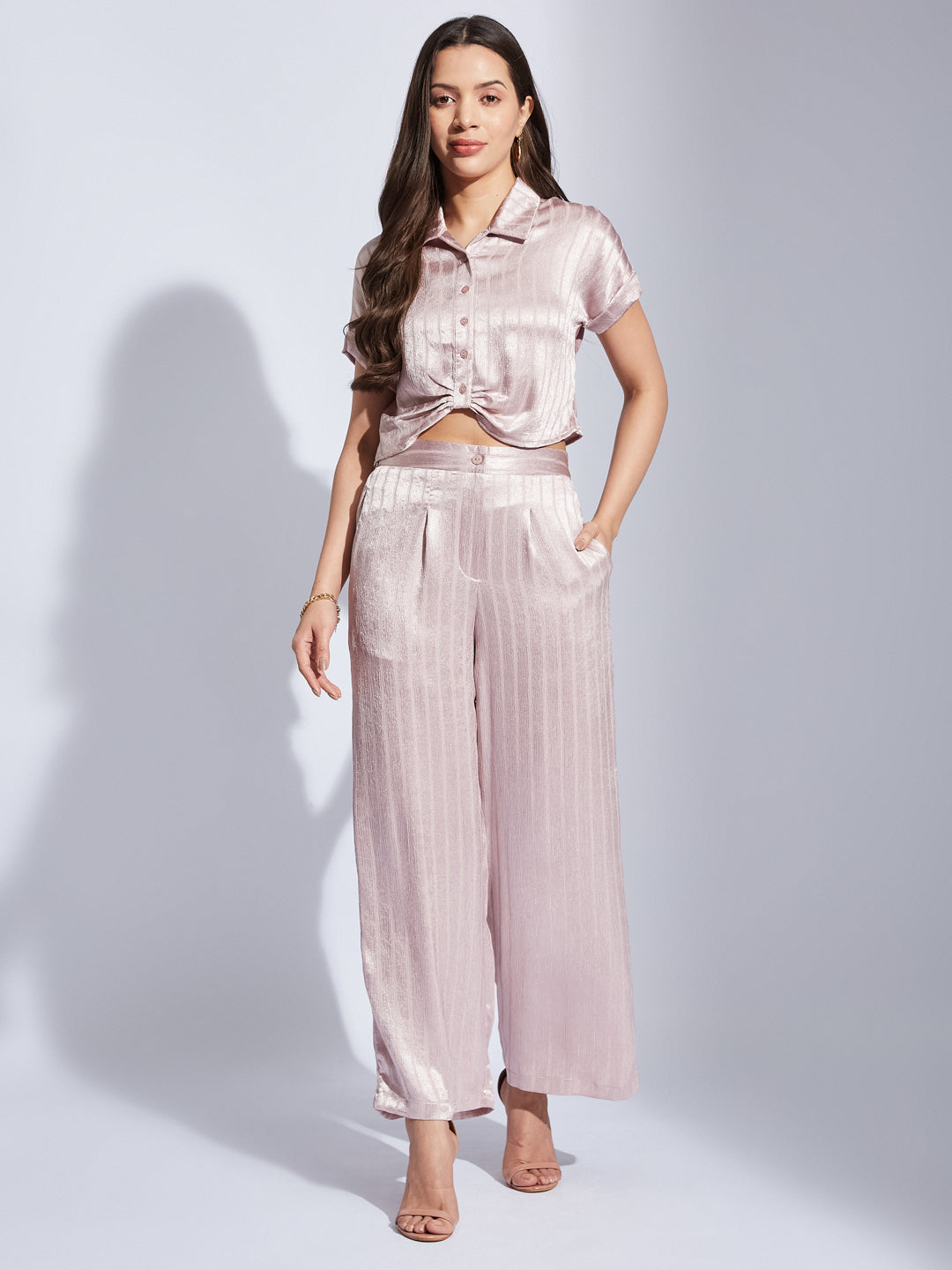 Latin Quarters Women Pink Collared Short Sleeve Striped Cordset Dress For Casual Wear