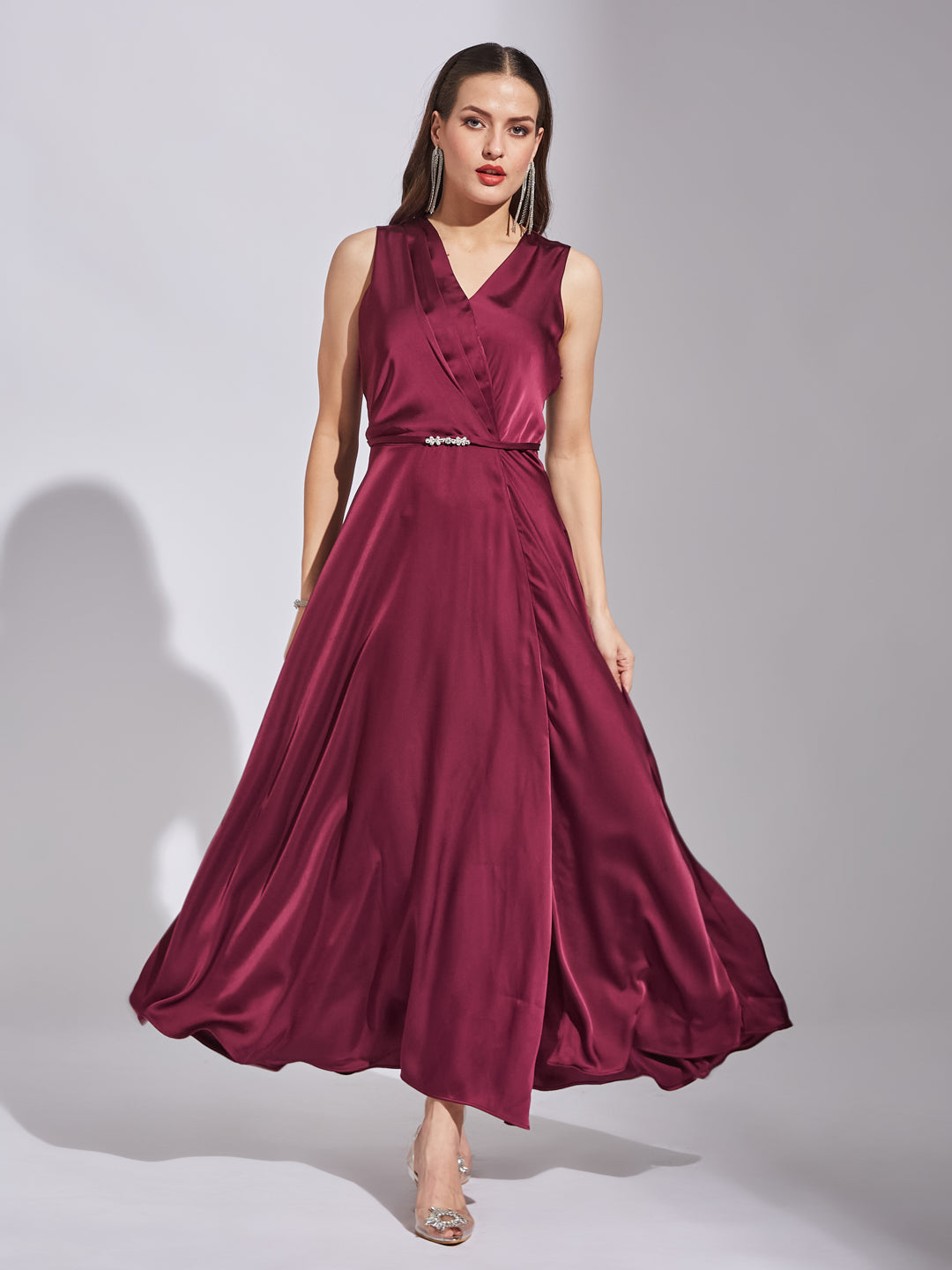 Latin Quarters Women Wine V-Neck Sleeveless Solid Dress