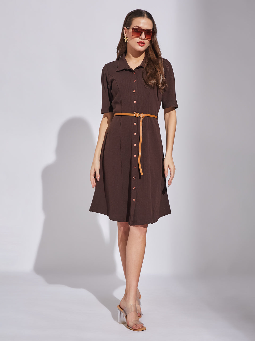 Latin Quarters Women Brown Shirt Collar Neck Half Sleeves Solid Dress