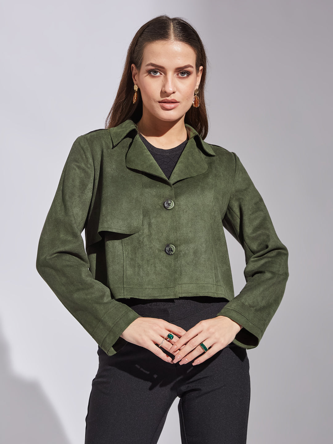 Latin Quarters Women Green Collar Neck Full Sleeve Solid Jacket For Casual Wear