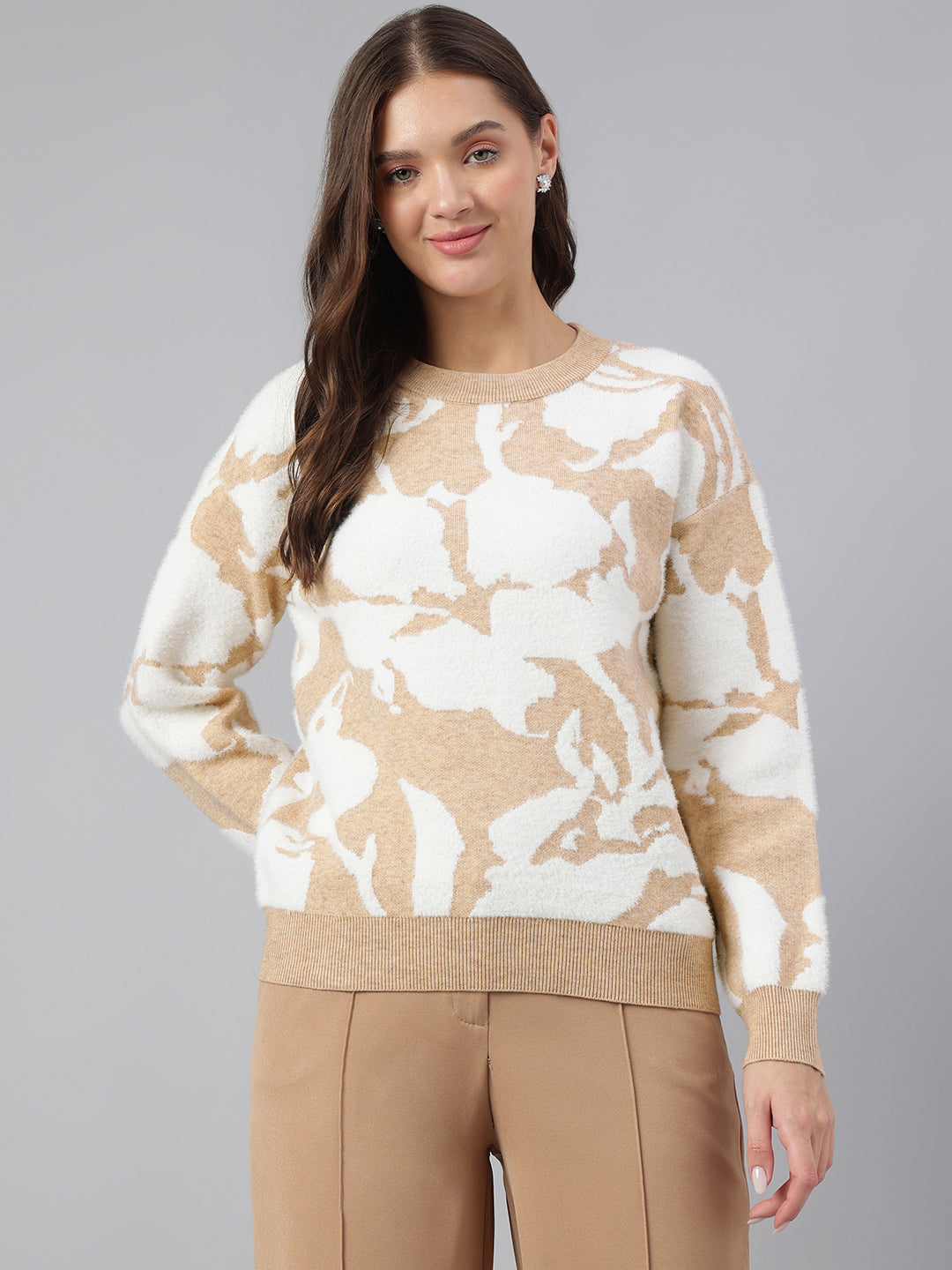 Latin Quarters Women Brown Round Neck Full Sleeve Printed Sweater