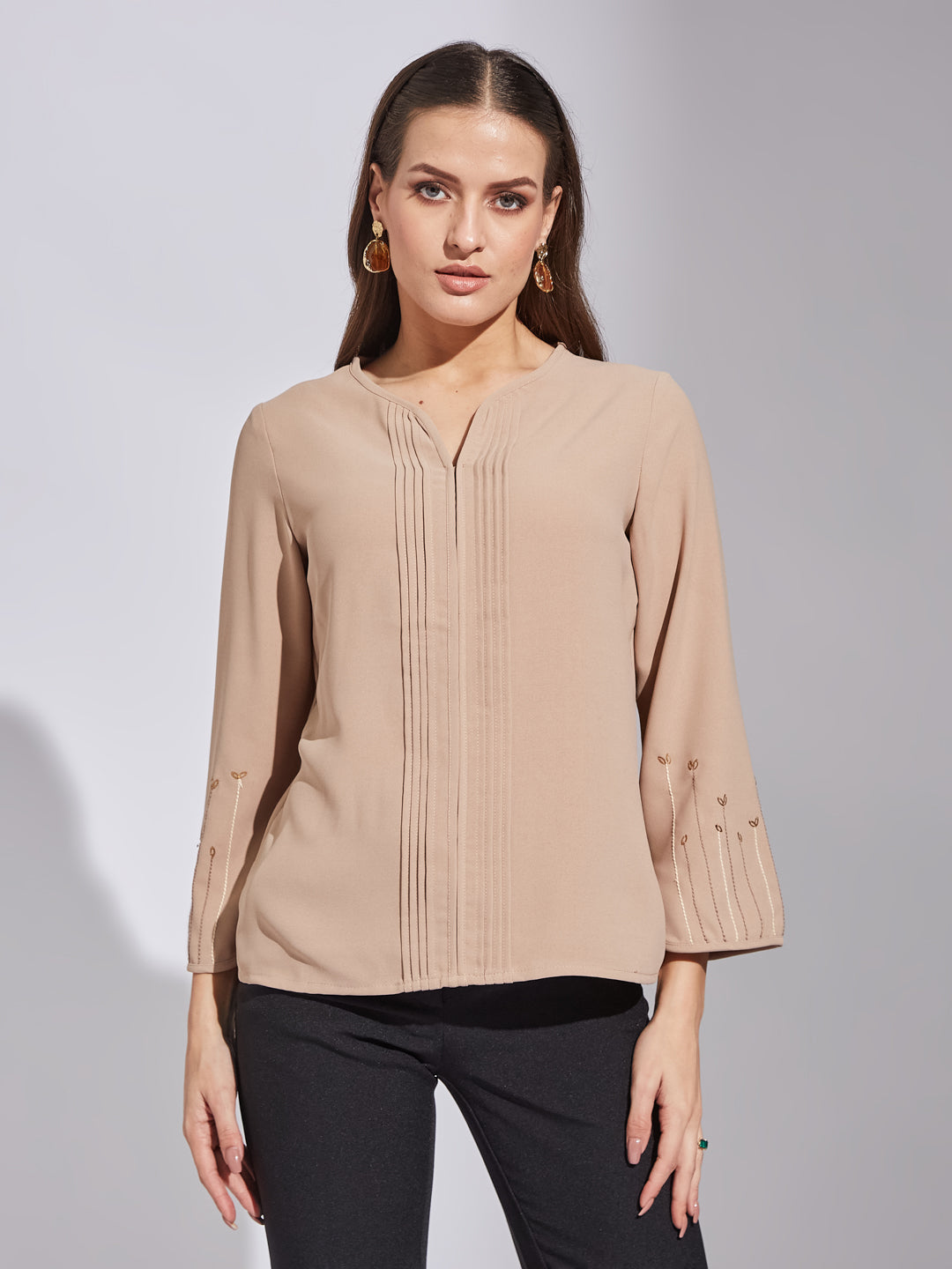 Latin Quarters Women Beige Round Neck 3/4Th Sleeve Solid Top