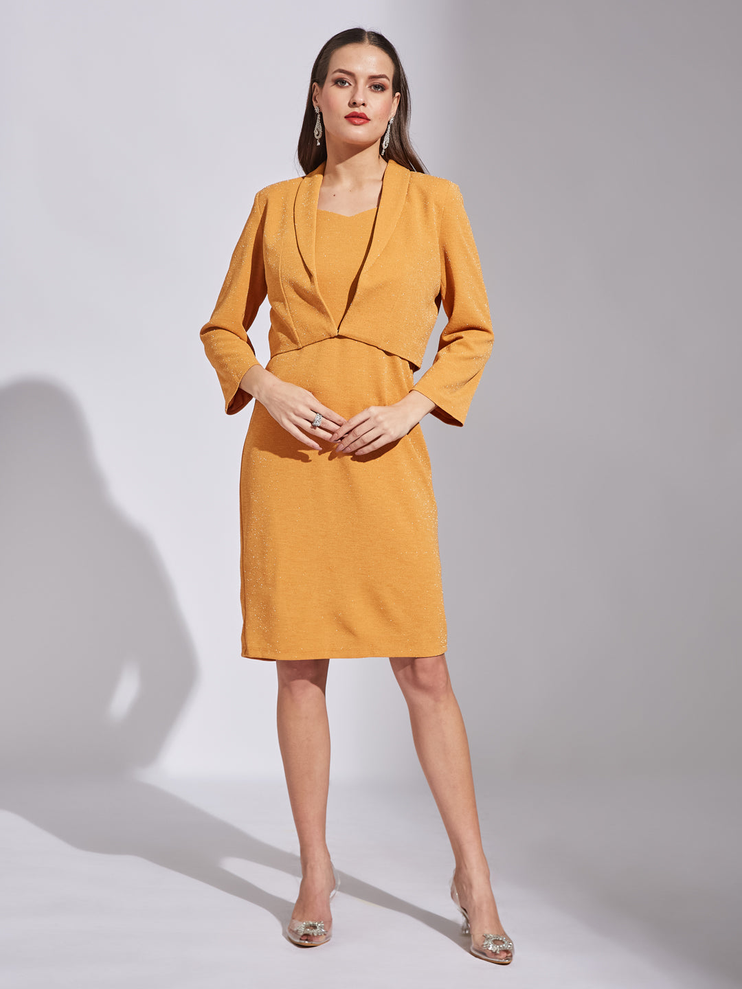 Latin Quarters Women Mustard V-Neck 3/4Th Sleeves Solid Dress