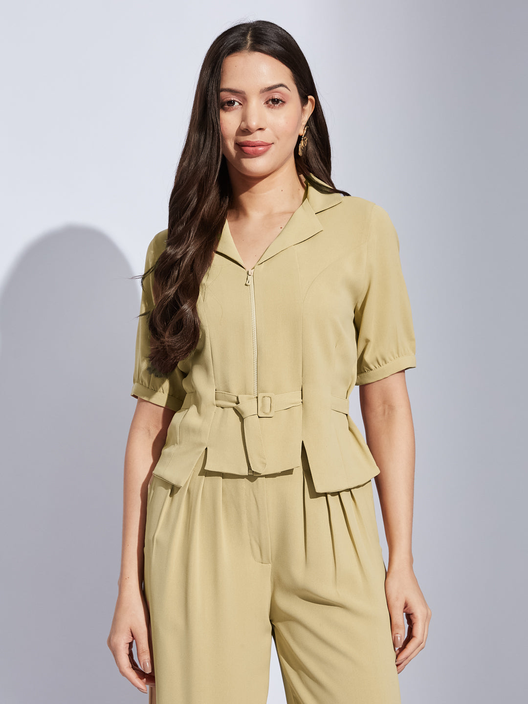 Latin Quarters Women Beige Collared Half Sleeves Solid Top Blouse
