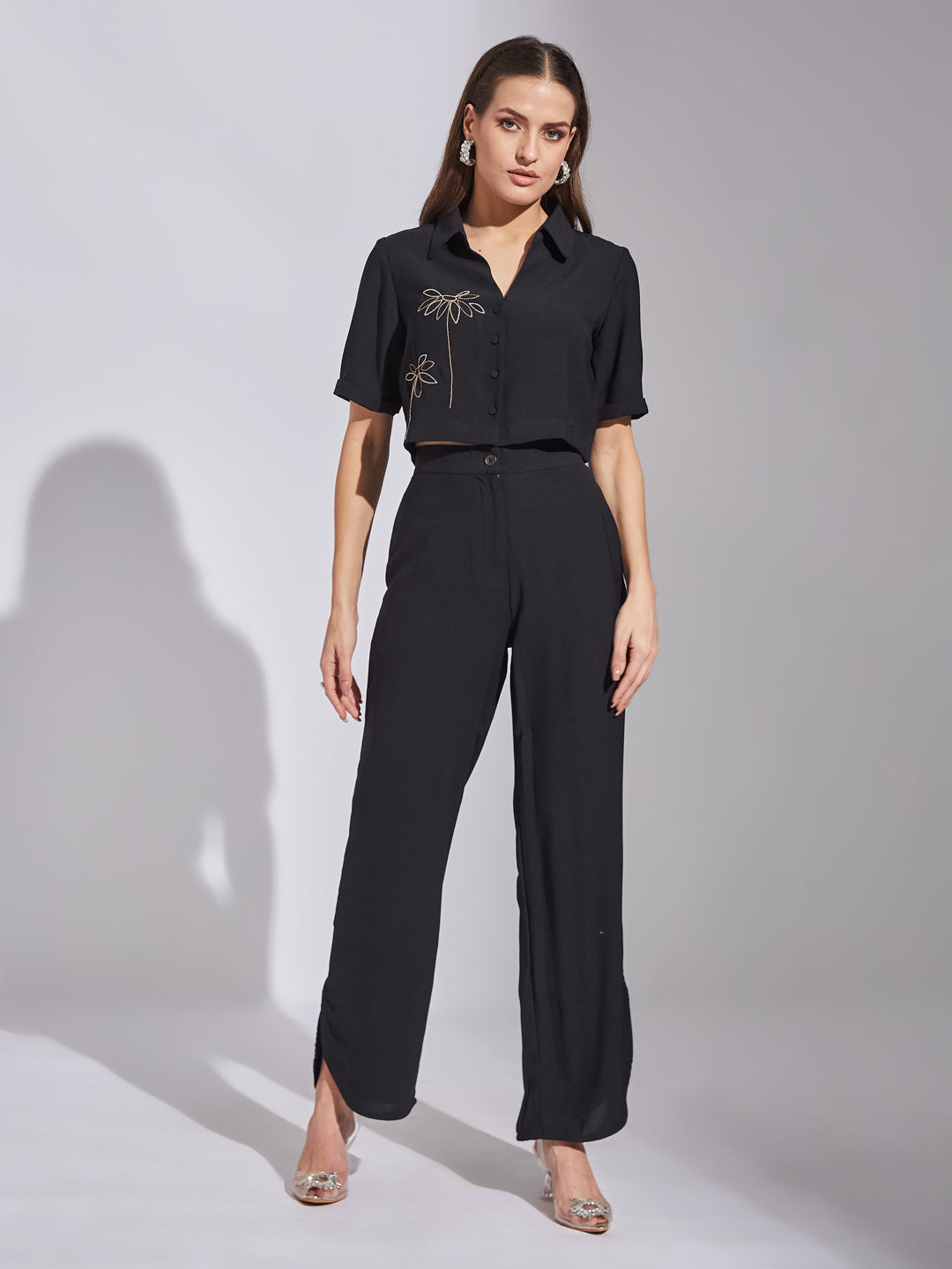 Latin Quarters Women Black Collar Neck Half Sleeves Solid Co-Ord Set