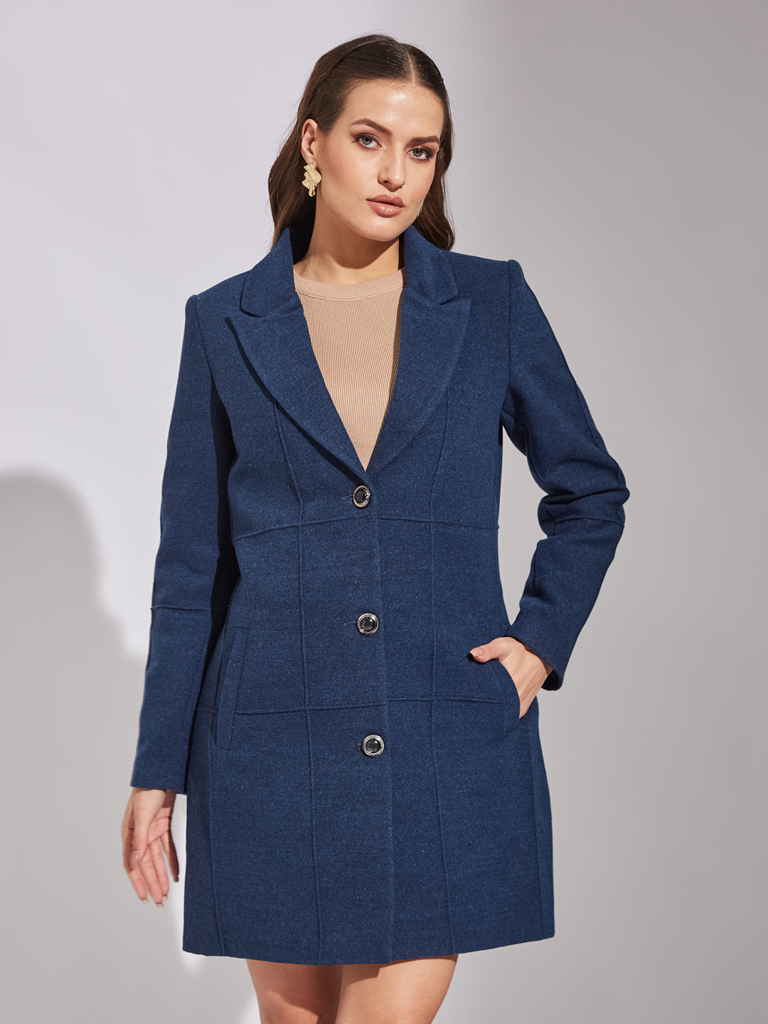 Latin Quarters Women Blue Collar Neck Full Sleeve Solid Coat