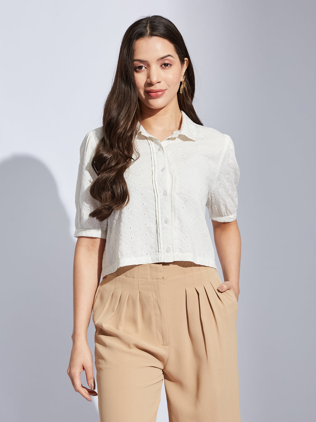 Latin Quarters Women Ivory Collared Half Sleeves Solid Shirt Blouse For Casual Wear
