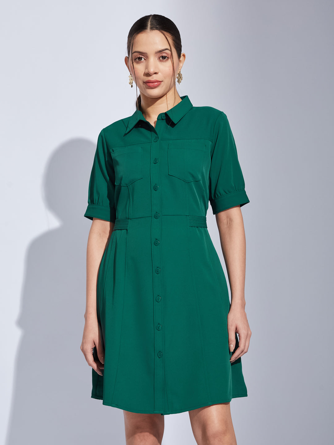 Latin Quarters Women Green Collared Neck Half Sleeves Solid Shirt Dress