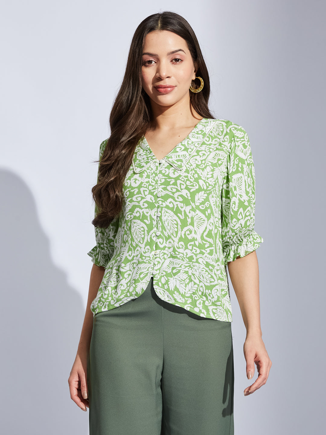 Latin Quarters Women Green Collared Half Sleeves Printed Shirt Blouse For Casual Wear