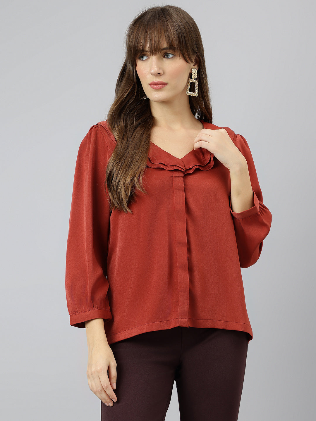 Latin Quarters Women Rust V Neck Three-Quarter Sleeves Solid Shirt