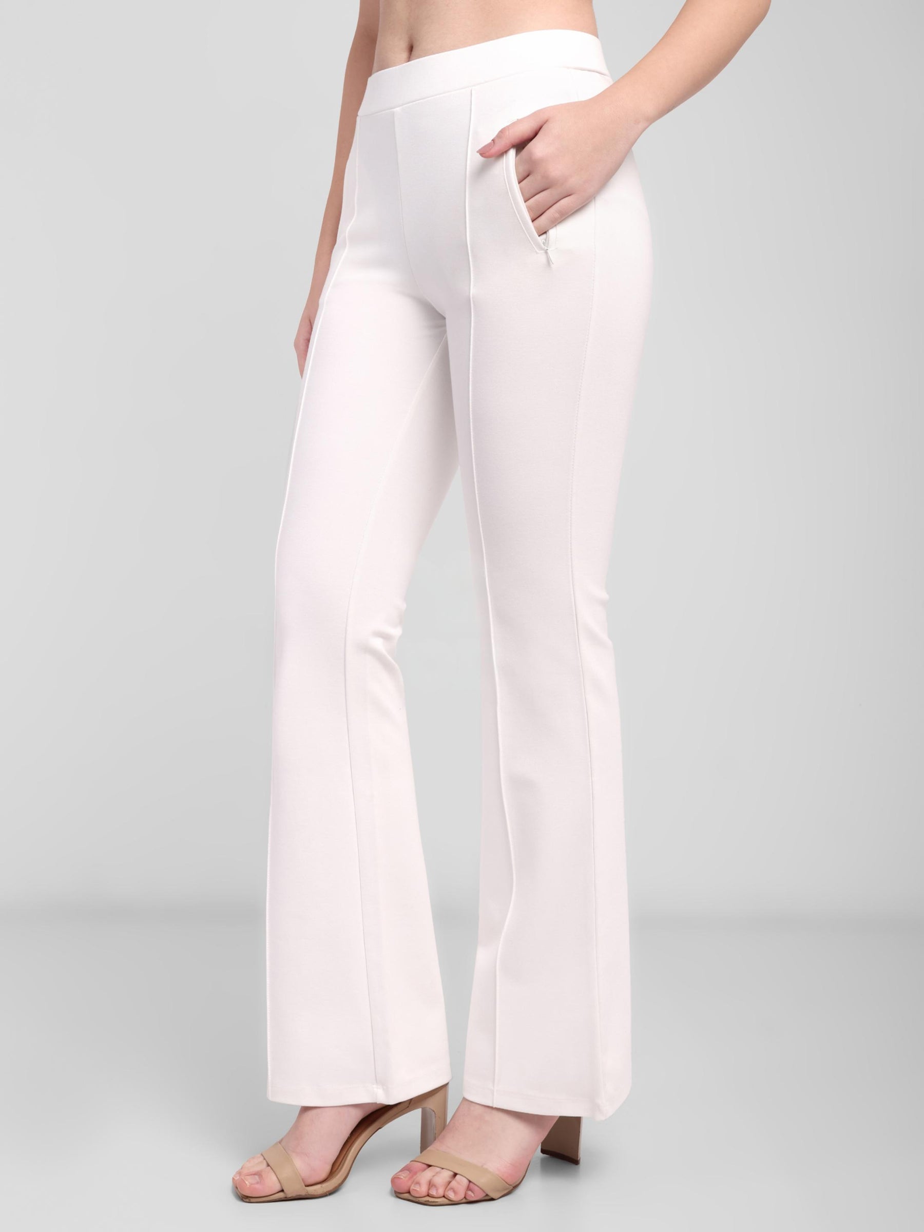 Latin Quarters Women White Solid High Rise Casual Flared Trouser