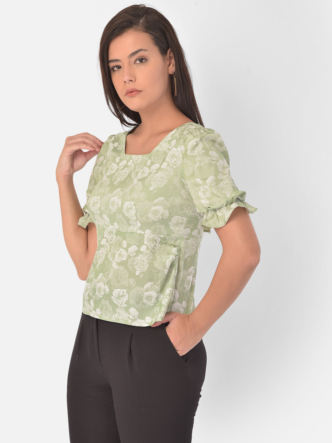 Green Half Sleeve Top with Square Neck