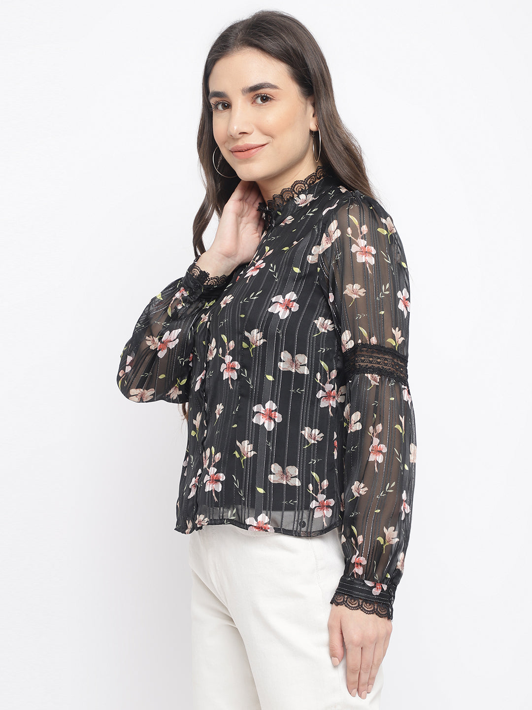 Black Full Sleeve Floral Blouse Shirt Top
