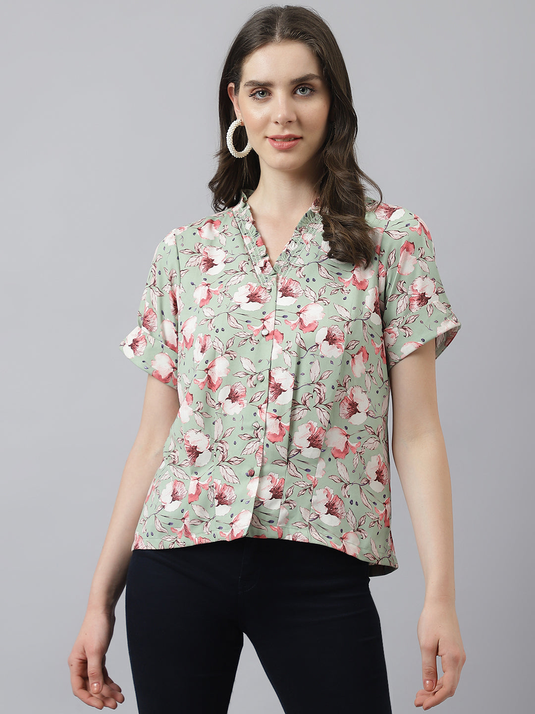 Green V Neck Floral Printed Top