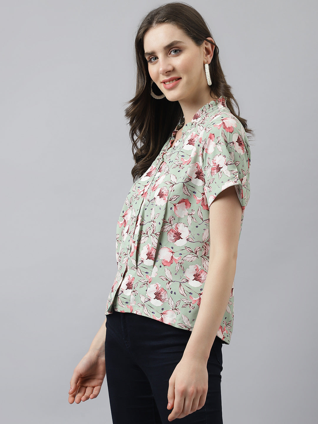 Green V Neck Floral Printed Top