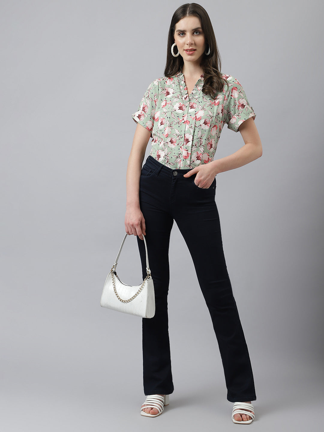 Green V Neck Floral Printed Top