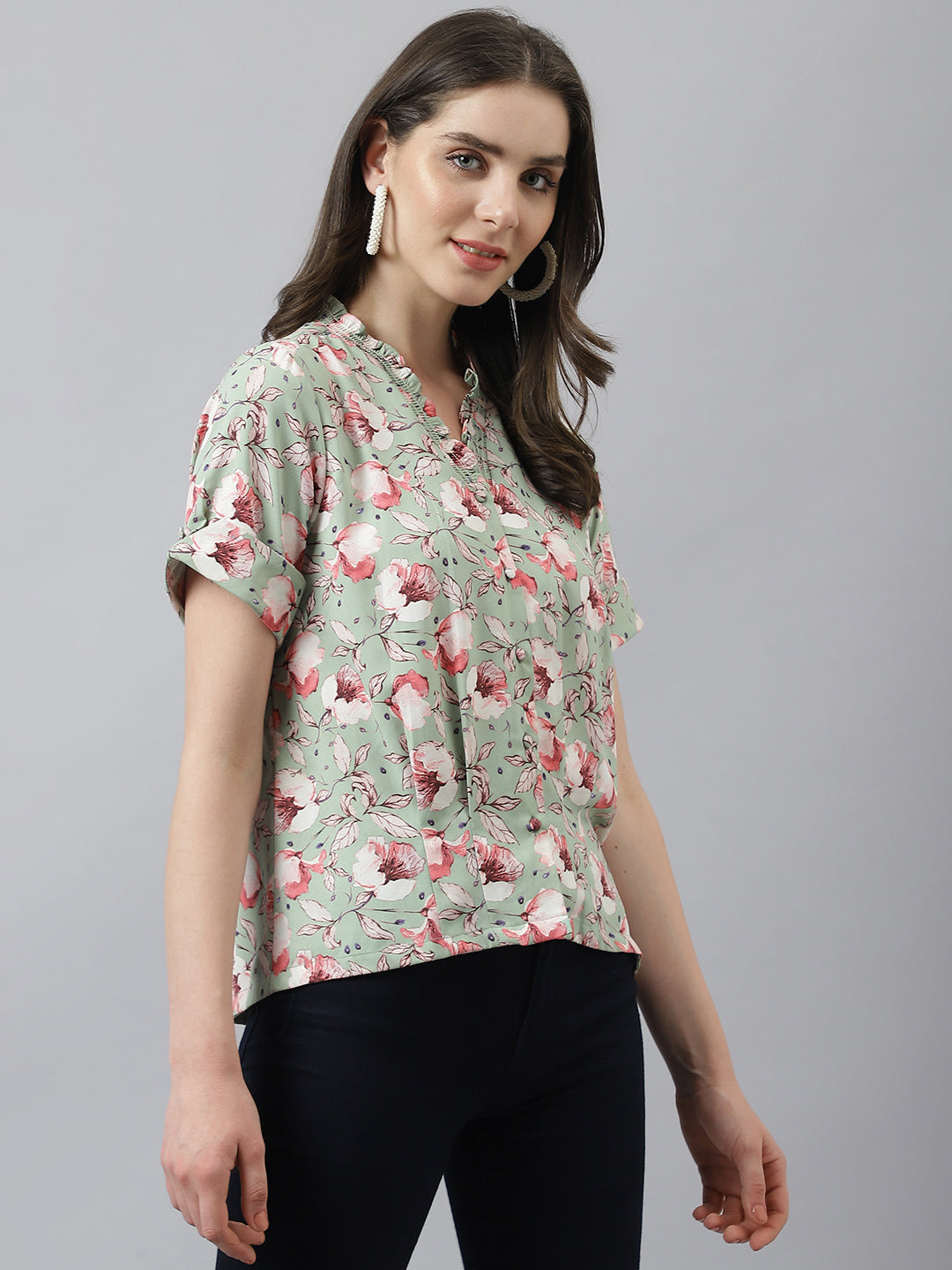Green V Neck Floral Printed Top