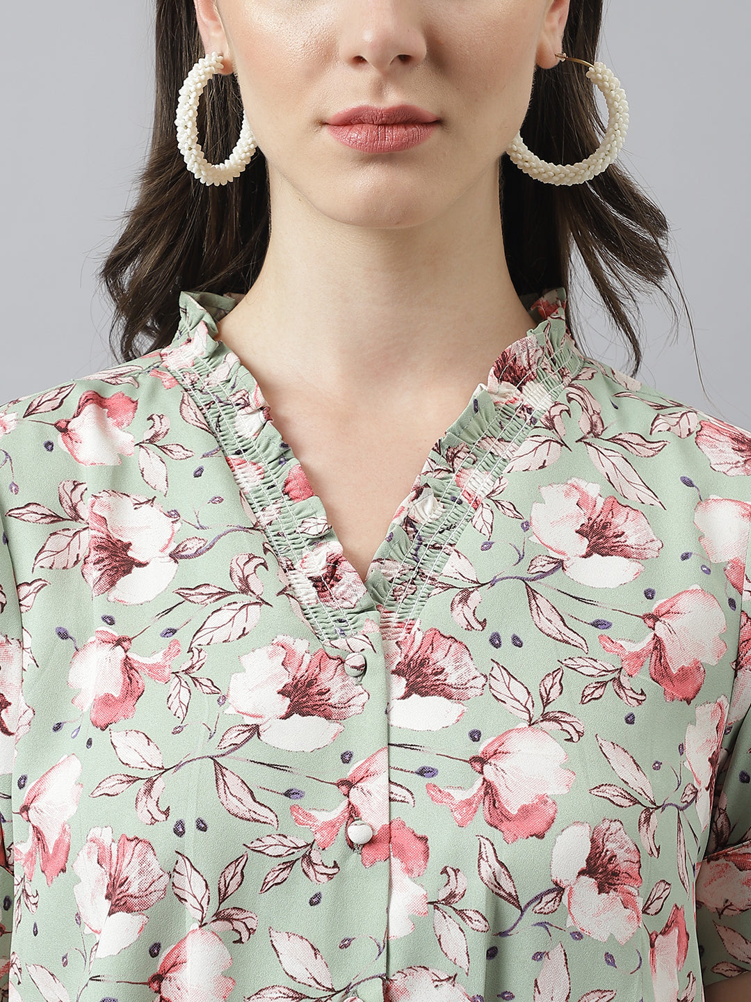 Green V Neck Floral Printed Top