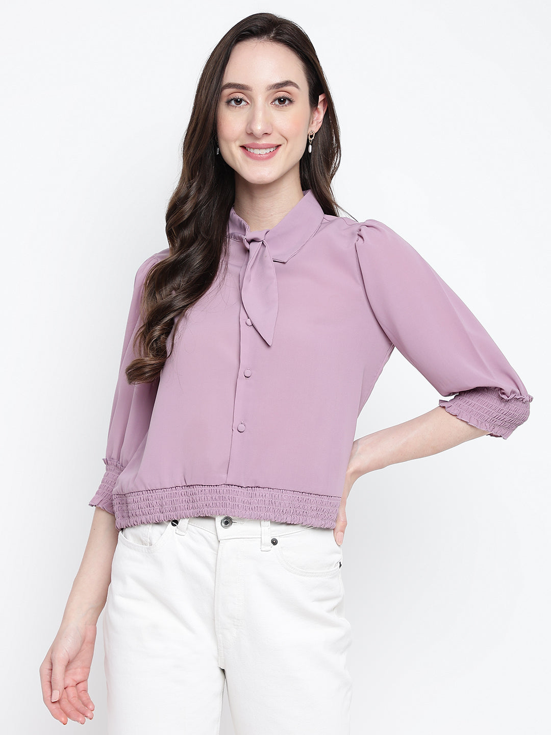 Lilac 3/4 Sleeve Solid Blouse Blouse