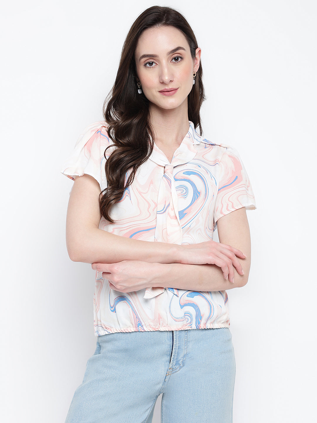 Peach Cap Sleeve Printed Blouse Blouse