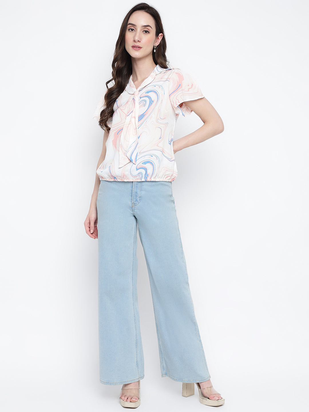 Peach Cap Sleeve Printed Blouse Blouse