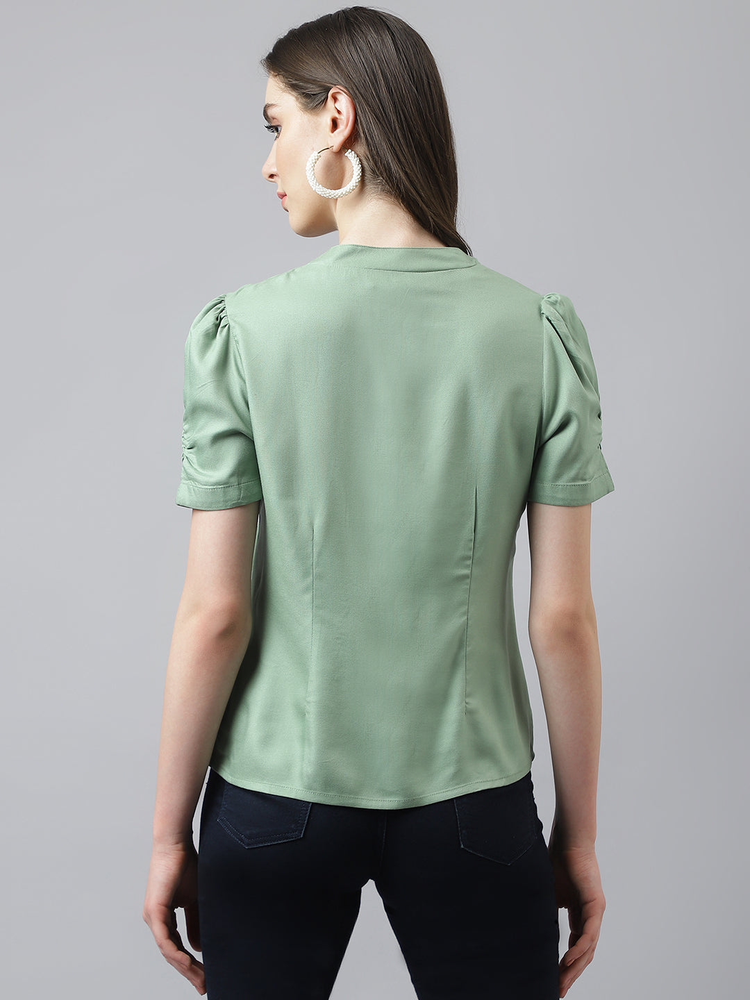 Green Shit Top With Front Buttons & Detailed Neckline