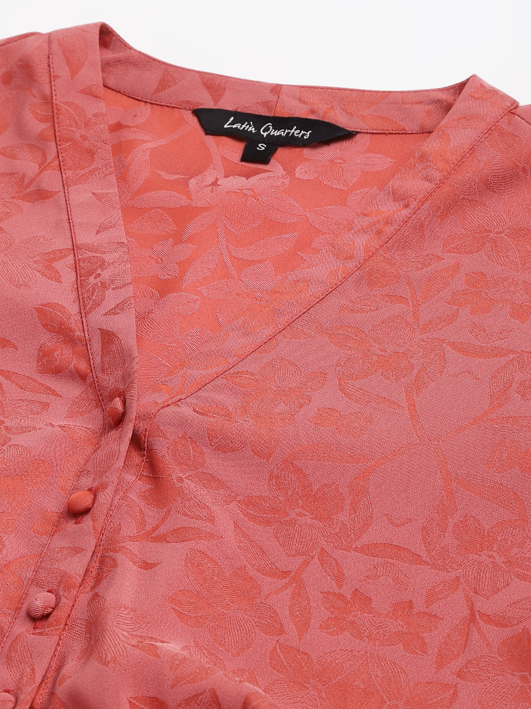 Red Self Printed Floral Top With Front Buttons