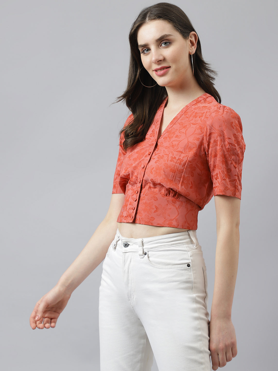 Red Self Printed Floral Top With Front Buttons