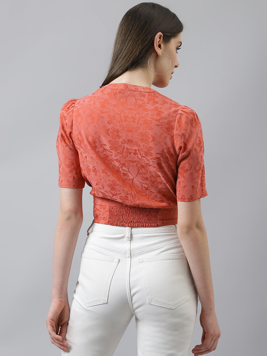 Red Self Printed Floral Top With Front Buttons