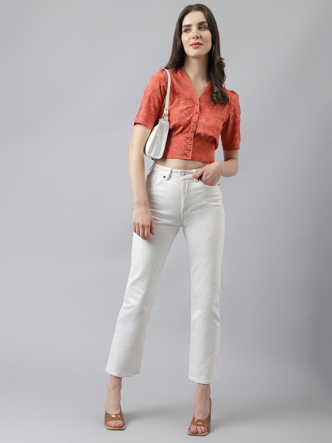 Red Self Printed Floral Top With Front Buttons