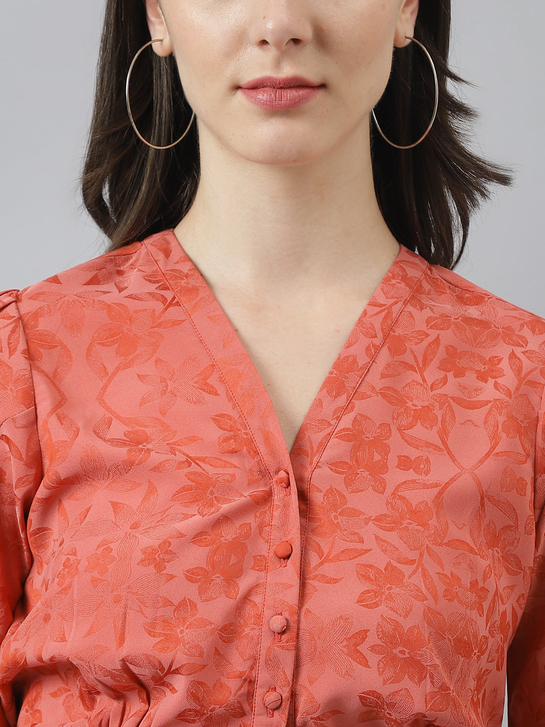 Red Self Printed Floral Top With Front Buttons