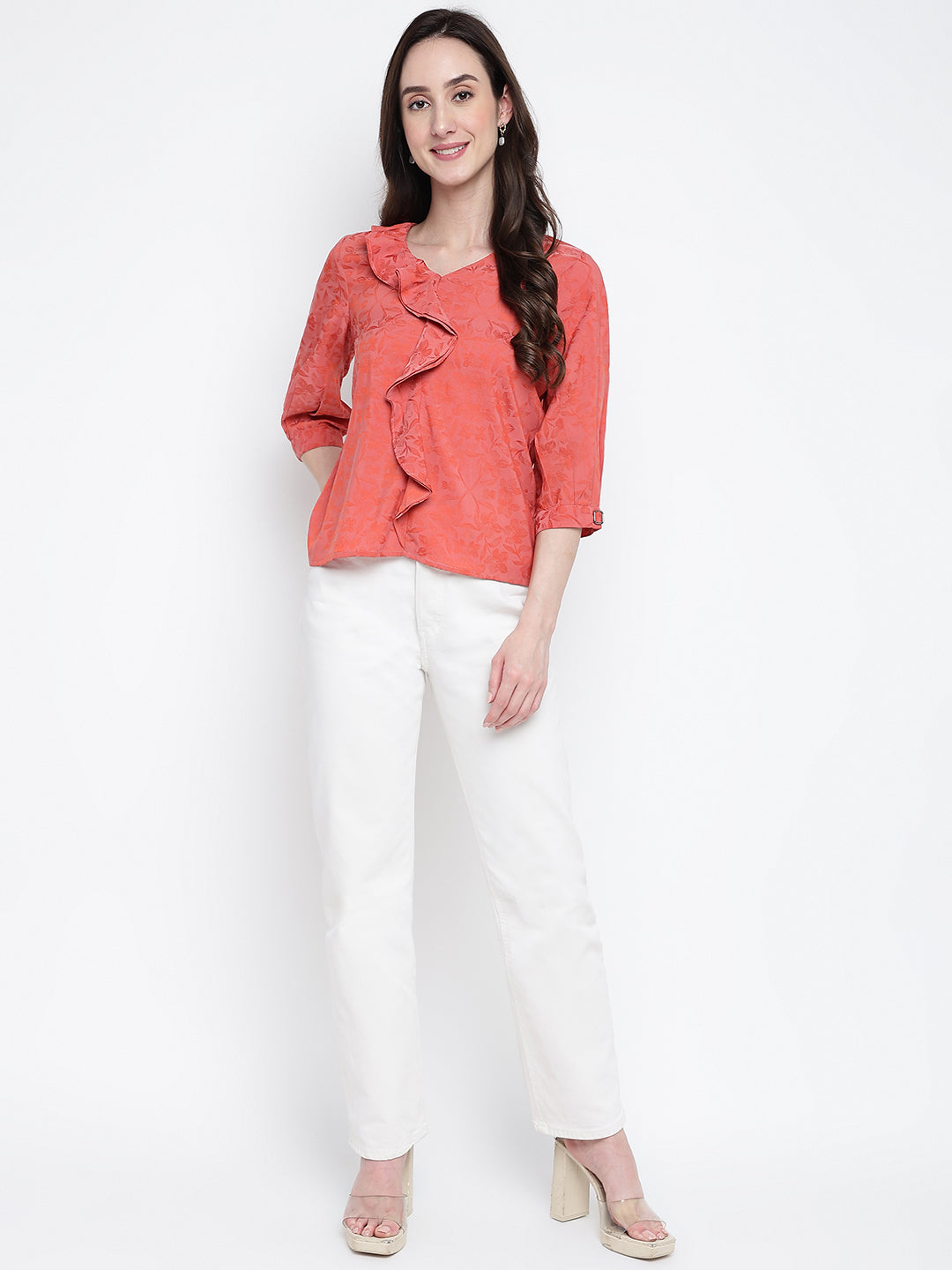 Red 3/4 Sleeve Solid Blouse Blouse