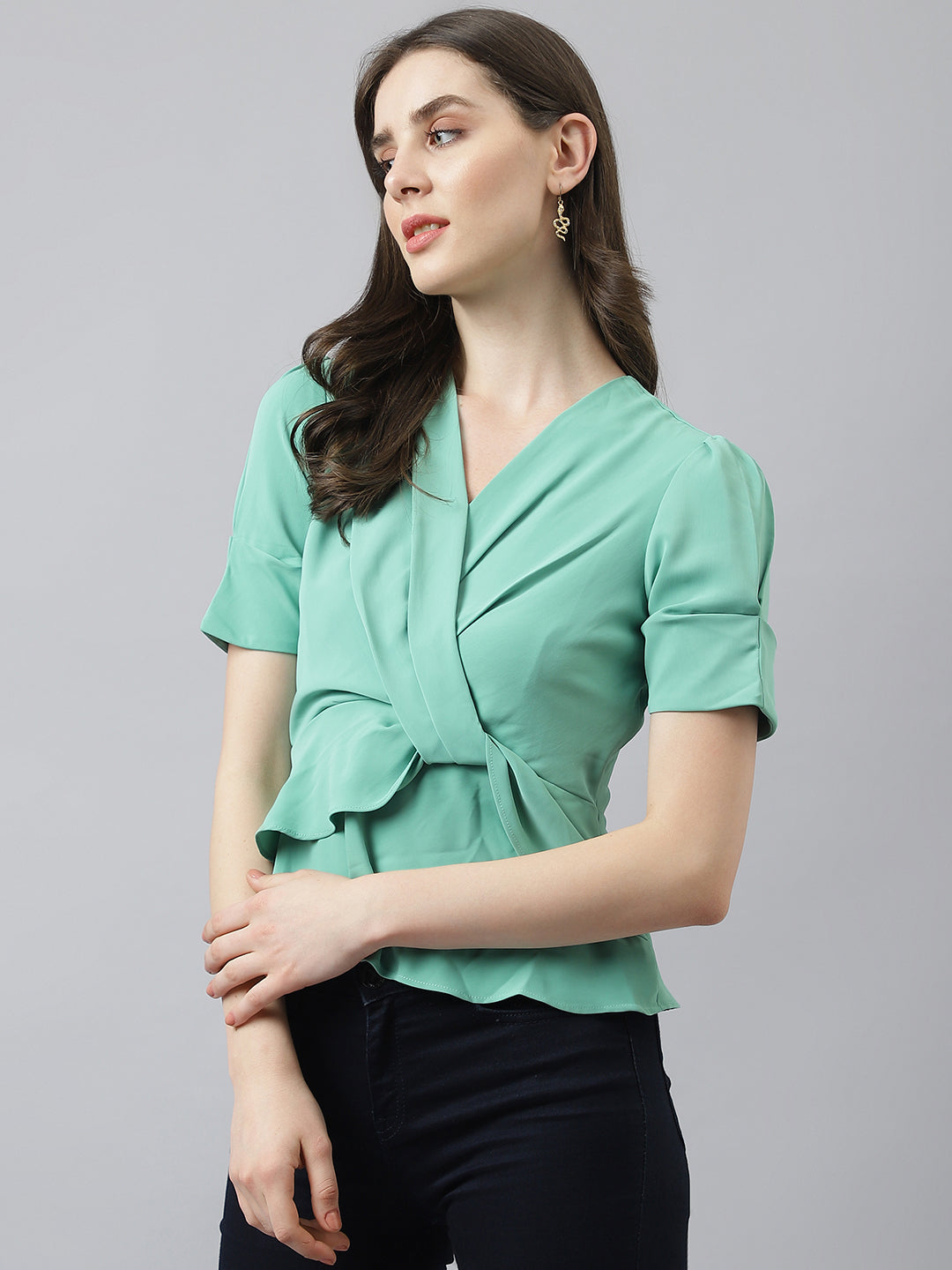 Green Peplum Top With Puffer Sleeves & V Neckline