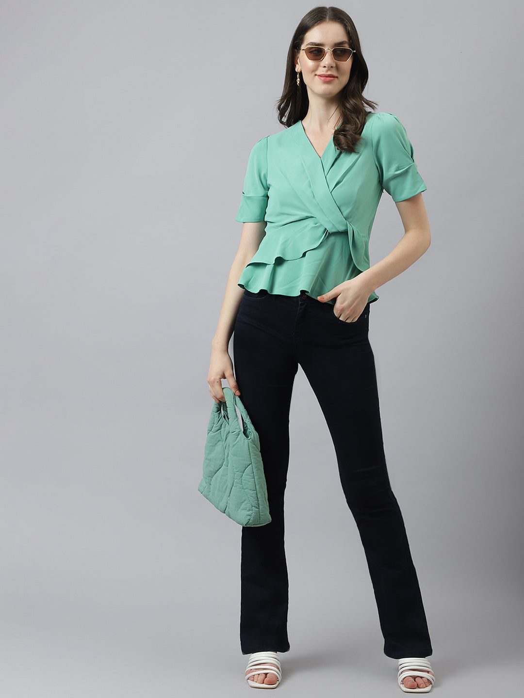 Green Peplum Top With Puffer Sleeves & V Neckline